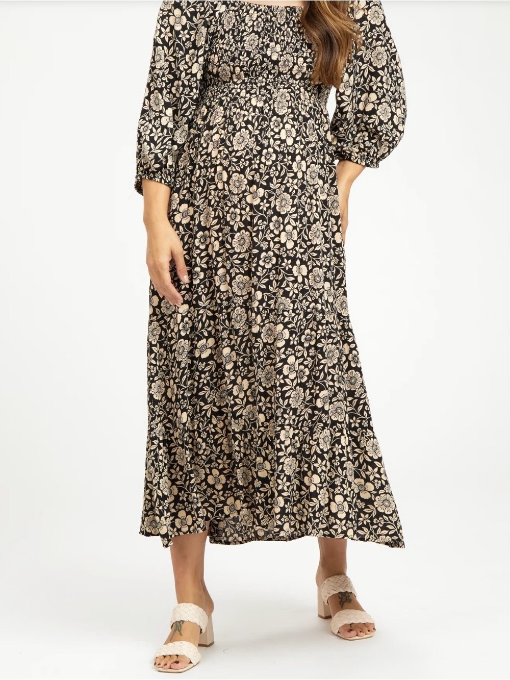 Angie Black Cream Floral Smocked Maxi Dress Puff Sleeve Boho Sz L